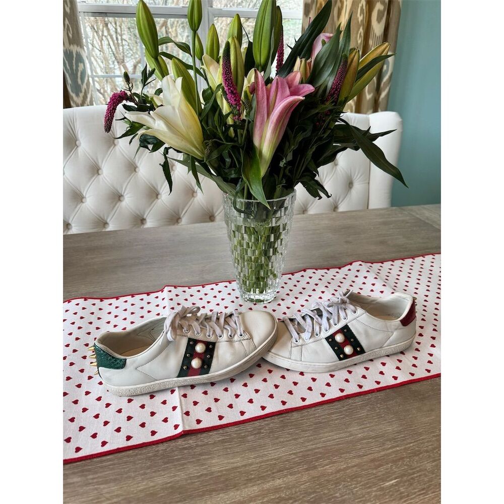 Gucci Women's Ace Studded Pearl Sneakers White Size 7.5 Athletic Shoes - Picture 9 of 14